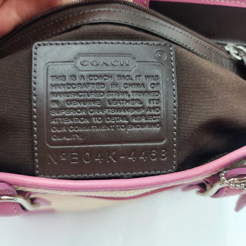 Y2K Coach Woven Straw Tote Bag Pink Leather Trim Buckle Preppy Shoulder Purse